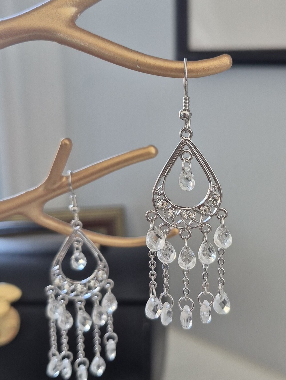 Silver Teardrop Chandelier Earrings with Clear Crystal Dangles